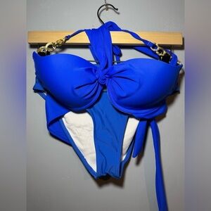 Blue and Gold Bikini with Adjustable Straps and Bow Detail